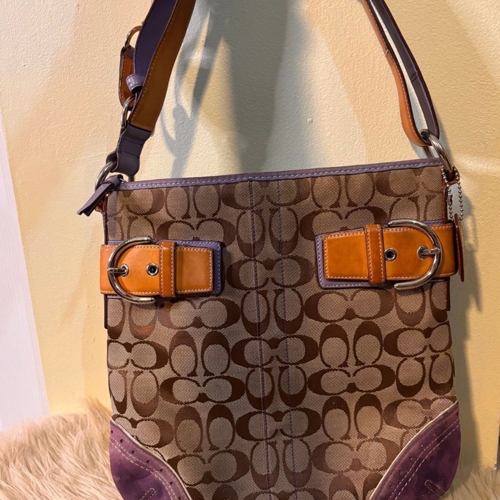 Coach Vintage Soho Buckle Slim Duffle Signature Canvas Purple Trim and Tan